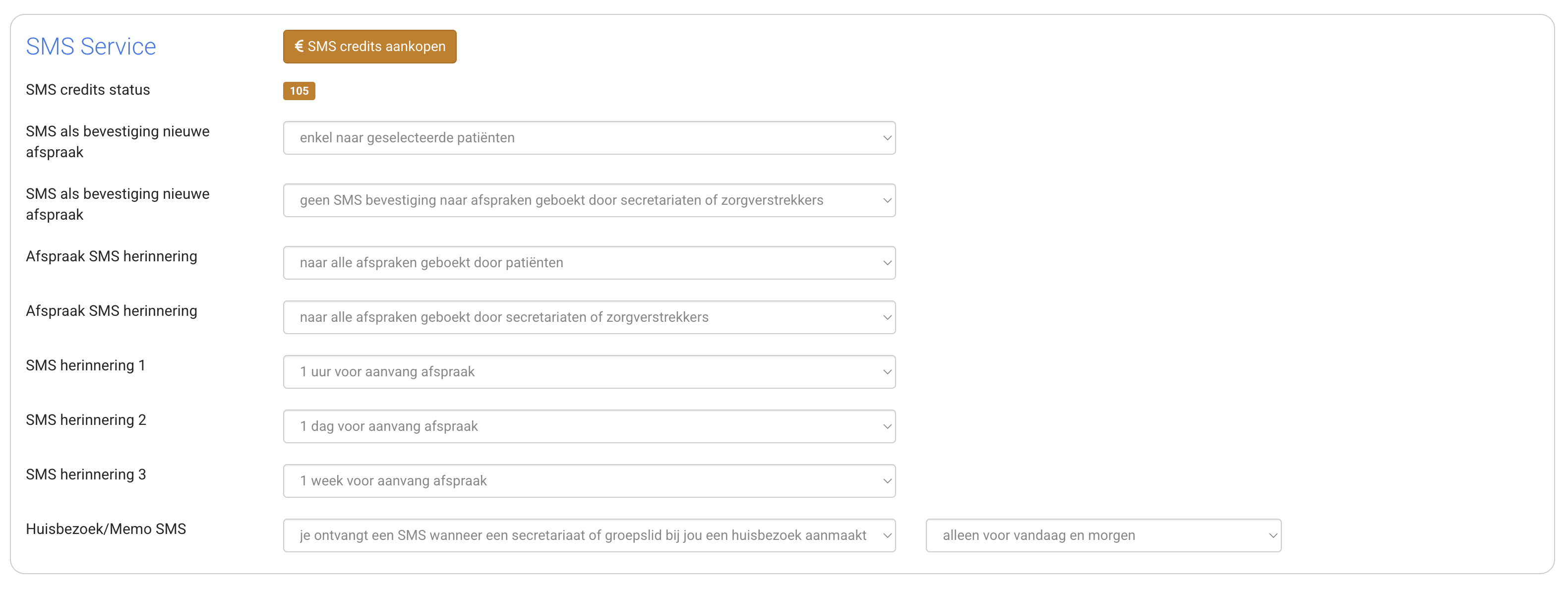 Screenshot herinneringen: instellingen voor SMS service